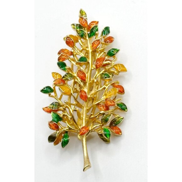 Beautiful Enameled Jeweled Goldtone Autumn Orange Green Yellow Tree Pin Pendant - Picture 1 of 2